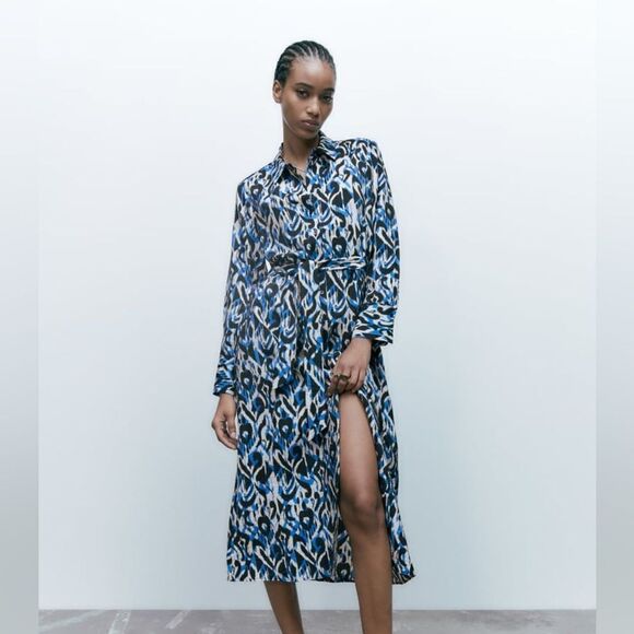 ZARA Printed Shirt Dress Blue New - Picture 14 of 15